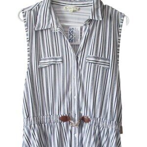 Indigo Rose V Neck Button Up Dress Womens Large White Striped Sleeveless‎ Collar